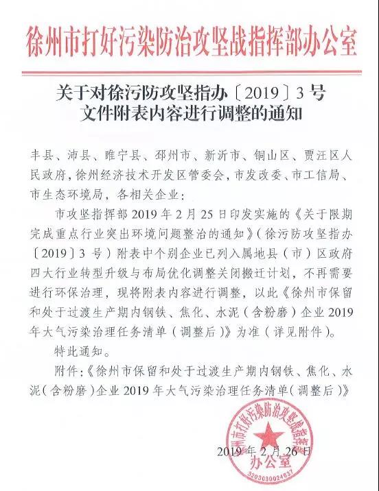 《徐州處于保留和過渡期內(nèi)鋼鐵、水泥、焦化企業(yè)2019年大氣污染治理任務(wù)清單》